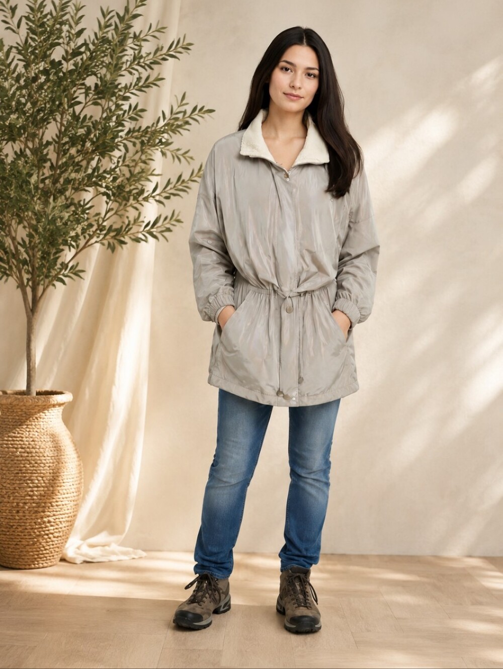 Jacqueline Ferrar Vtg Tan/Cream Neutral Classic Utility Zip Front Jacket Sz M